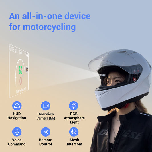 E6 Motorcycle Helmet HUD, Head Up Display, Bluetooth,GPS, CarPlay, Android Auto, Mesh Intercom, Rearview Camera, Remote Control, Noise Reduction, RGB Lights, IP66 for All Helmets