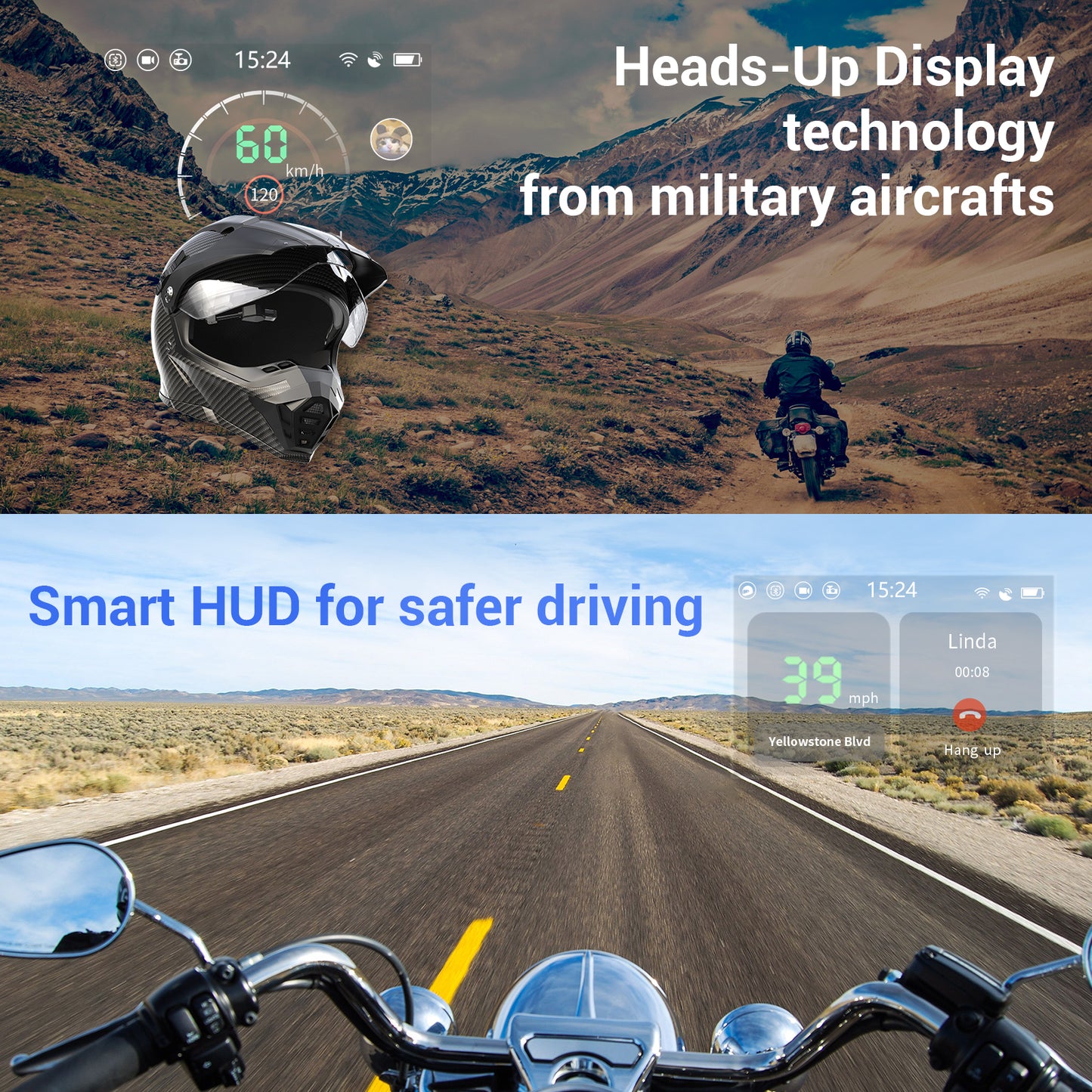 E6 Motorcycle Helmet HUD, Head Up Display, Bluetooth,GPS, CarPlay, Android Auto, Mesh Intercom, Rearview Camera, Remote Control, Noise Reduction, RGB Lights, IP66 for All Helmets