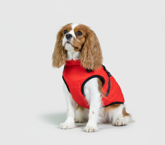 Dog wearing red quilted vest jacket