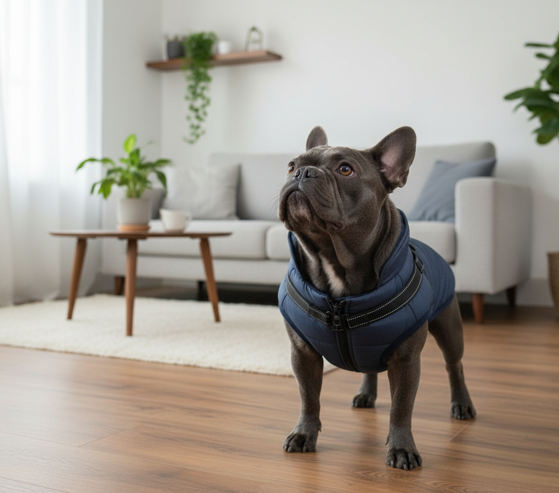 French Bulldog wearing blue vest jacket in living room