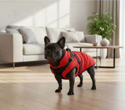 French Bulldog wearing red vest jacket in modern home
